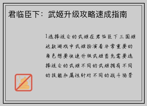 君临臣下：武姬升级攻略速成指南